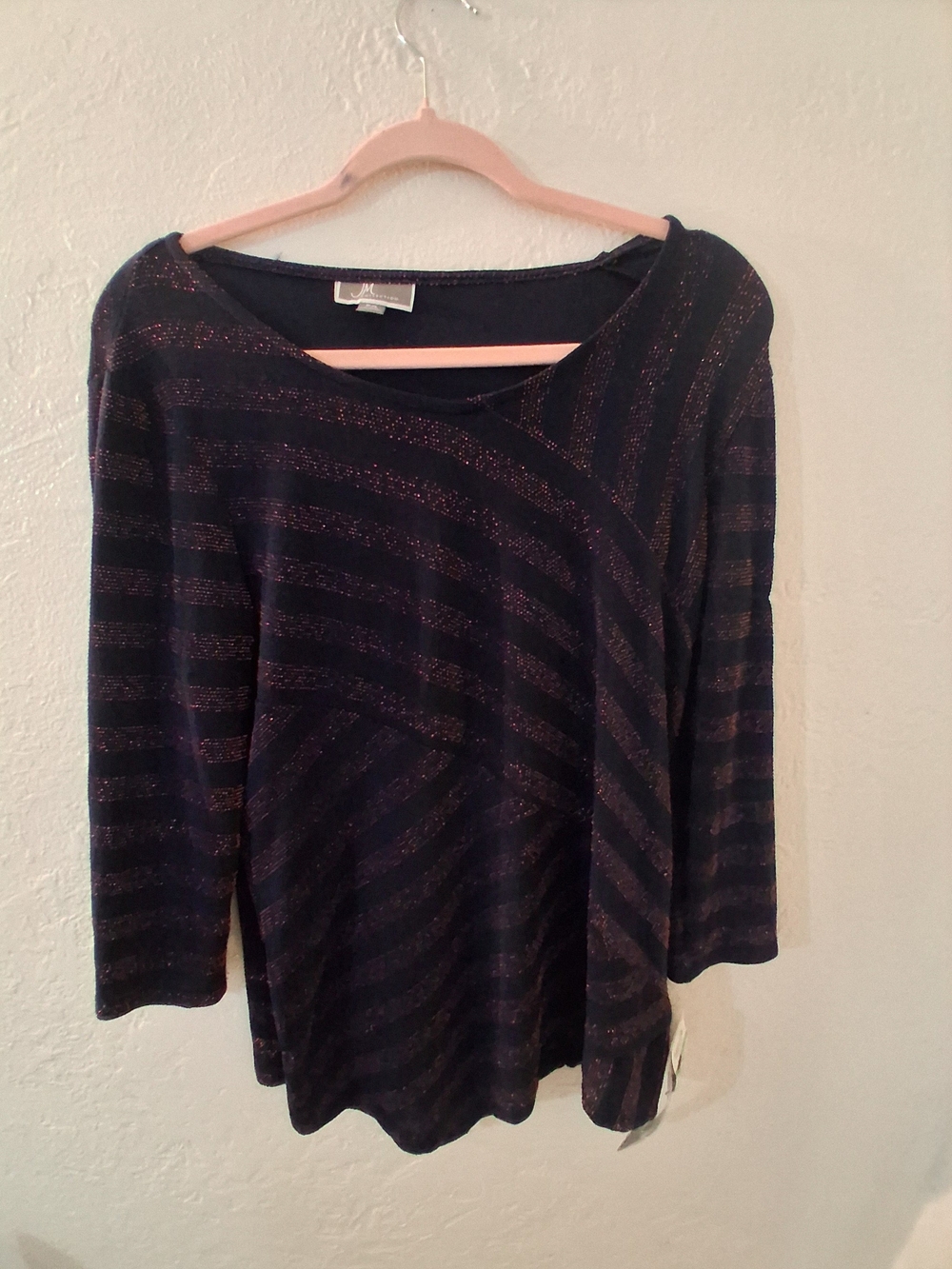 JM Collection Navy Top with Pink Metallic Stripe Detail